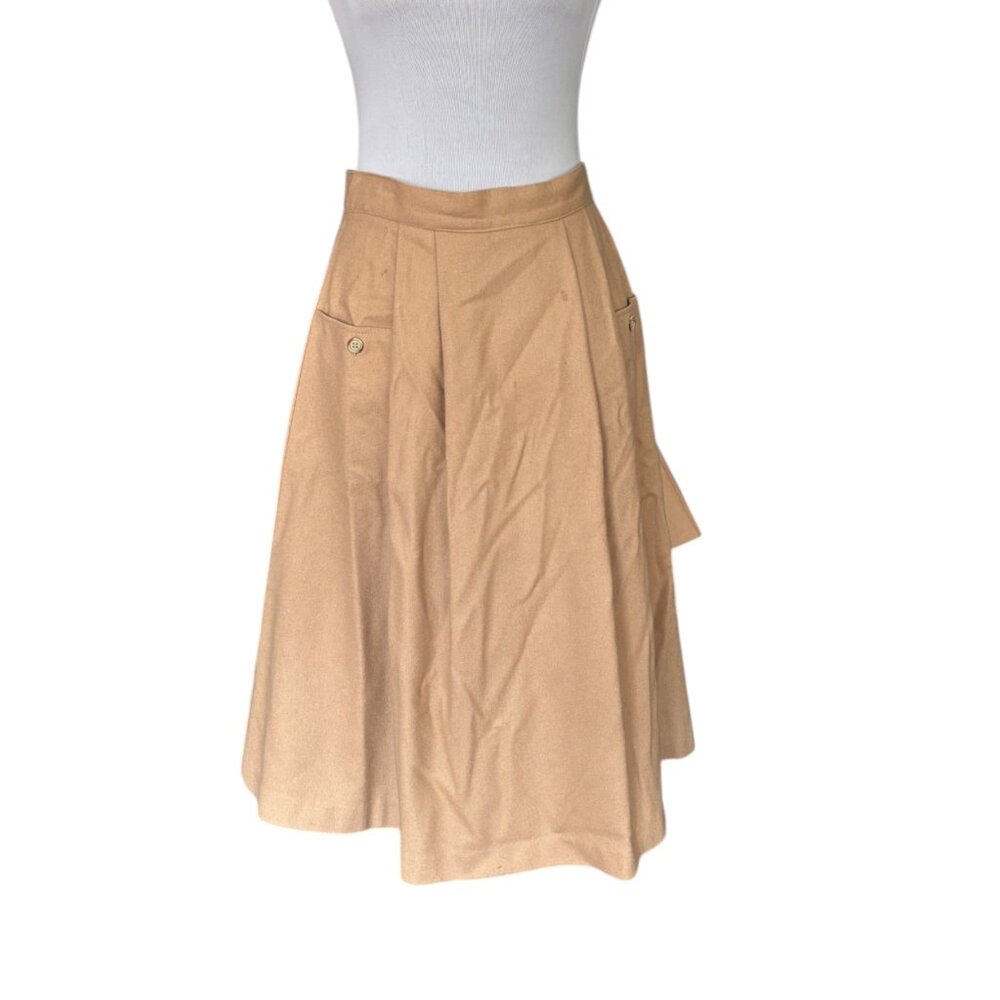 Vintage 70s Women's Size 7/8 tan Wool A-Line Pleat Front Midi Skirt with Pockets